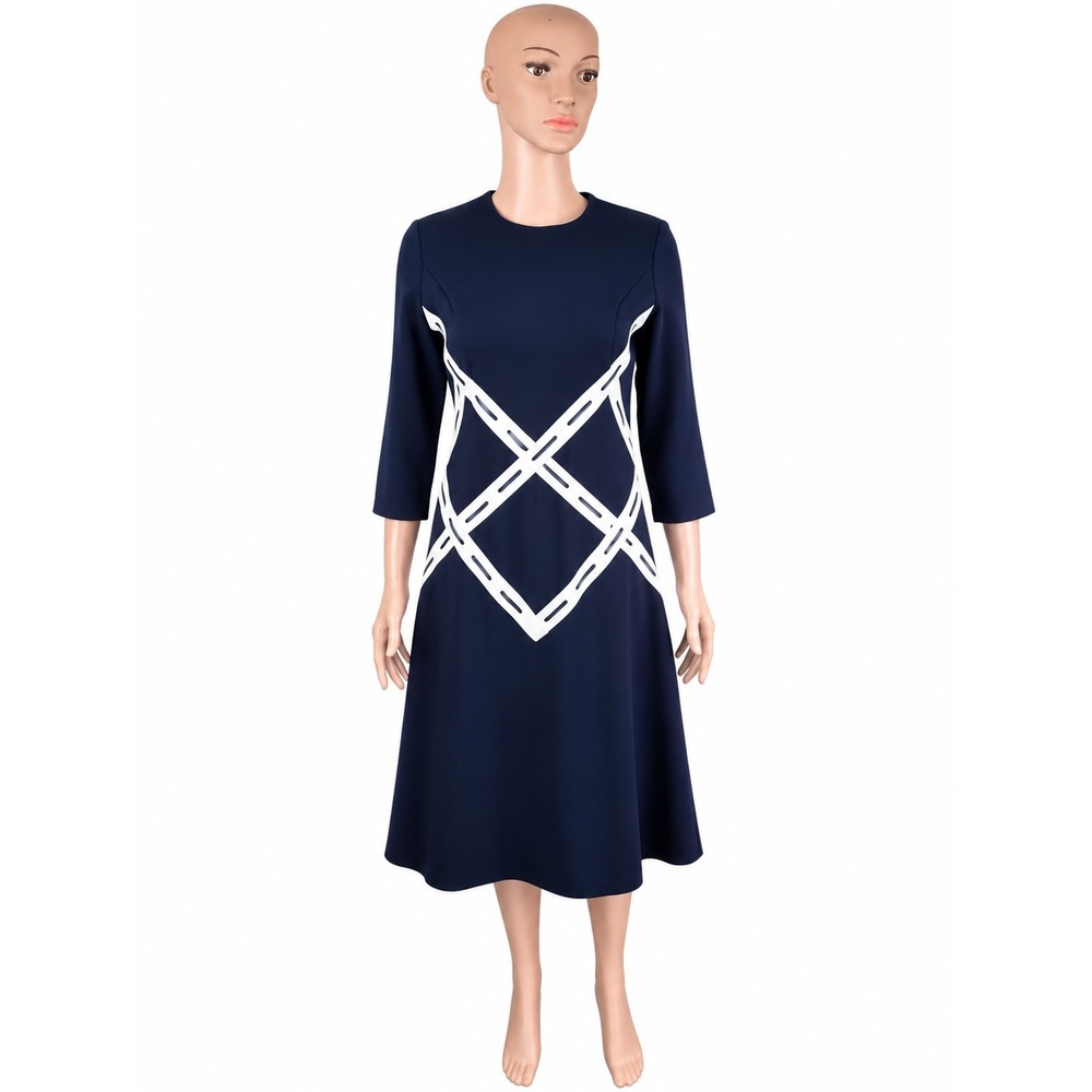 Marlowe XS Navy Blue A-Line Midi Dress White Geometric Trim 3/4 Sleeve